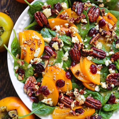 Persimmons Salad, Persimmon Salad Recipe, Salad With Honey Mustard Dressing, Persimmon Salad, Crowded Kitchen, Raw Veggies, Christmas Salads, Honey Mustard Dressing, Chicken Steak