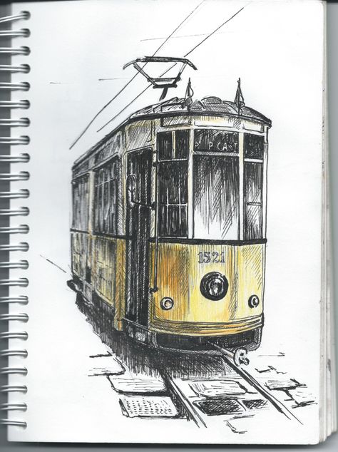 Tram Drawing, Landscape Pencil Drawings, Scooter Accessories, Urban Sketches, Travel Art Journal, Interior Architecture Drawing, Watercolor Architecture, Pen Art Drawings, Diy Watercolor Painting