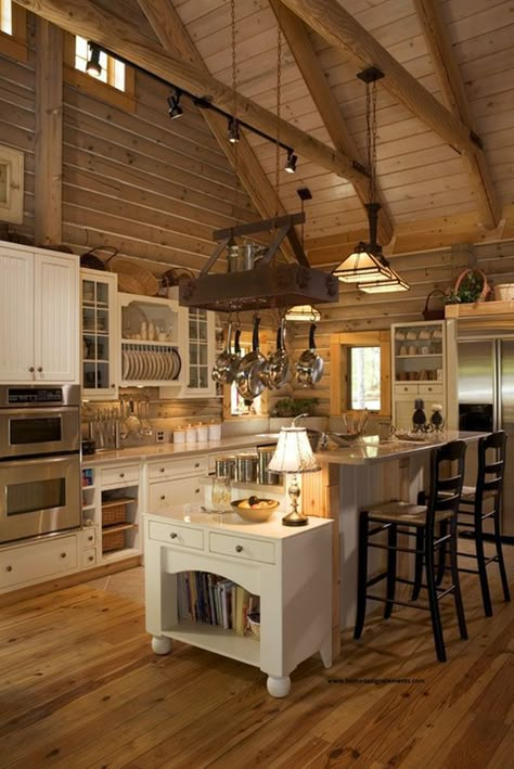 Kitchen in a log home that looks strangely similar to the kitchen in the film 'Practical Magic'. ;) Wooden House Kitchen Ideas, Kitchen In A Wooden House, Country Wooden House, Kitchen In Wooden House, Wooden Houses Interior, Wooden Cabin Kitchen, Wooden House Kitchen, Wooden House Interior Design, Log House Kitchen