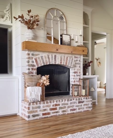 Light Brick Fireplace Wood Mantle, Farmhouse Living Room Brick Fireplace, New Construction Home Ideas Fireplaces, Small Farmhouse Fireplace, Adding Gas Fireplace To Living Room, Brick Fireplace Interior, Half Brick Fireplace, Full Wall Brick Fireplace Makeover, Corner Fireplace Bedroom