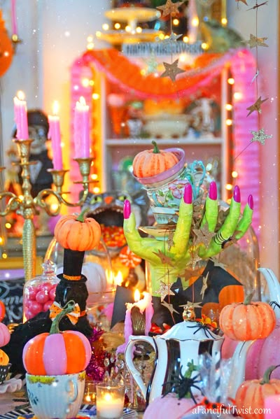 Halloween tea party 4 Colorful Halloween Decorations, Cute Colorful Halloween Decor, Halloween Decorations Colorful, Rainbow Halloween Party, Kids Halloween Tea Party, Bright Color Halloween Decor, Pink Halloween Decorations Diy, Colorful Halloween Party, Diy Colorful Halloween Decor