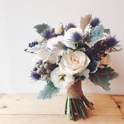 White and blue bridal bouquet || Visit us at emmaandgracebridal.com Blue Eryngium, Blush Ranunculus, Privet Berries, White Lisianthus, Blue Succulents, Bridal Bouquet Blue, Something Blue Bridal, White Ranunculus, Flower Subscription