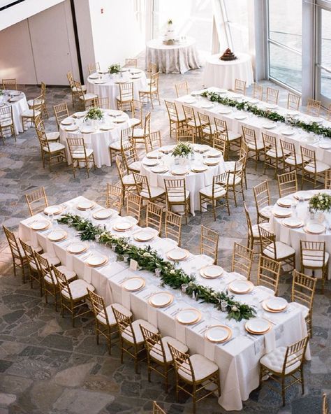 Mix of long feasting tables and round tables Seating Layout, Garland Table Runner, Wedding Table Layouts, Reception Styling, White Linens, Wedding Reception Seating, Rustic Wedding Decorations, Tafel Decor, All White Wedding