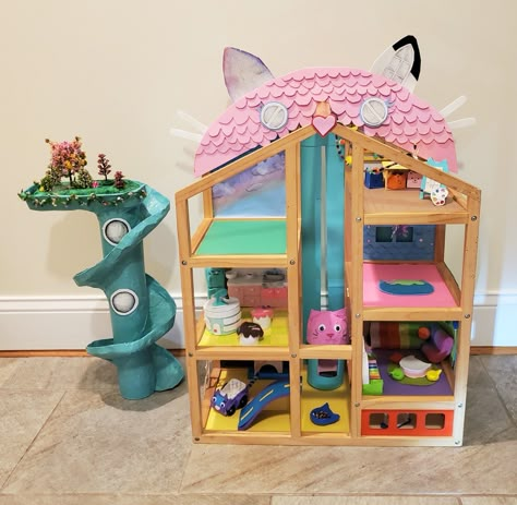 I made this for my daughter during the great Gabbys Dollhouse shortage of 2021 🤣 #gabbysdollhouse Gabbys Dollhouse Room Ideas, Diy Gabbys Dollhouse Costume, Gabby Dollhouse Bedroom Ideas, Gabbys Dollhouse Diy House, Gabby Dollhouse Room, Gabby Dollhouse Bedroom, Gabbys Dollhouse Halloween Costume, Gabbys Dollhouse Birthday Party Diy, Gabby Dollhouse Room Idea