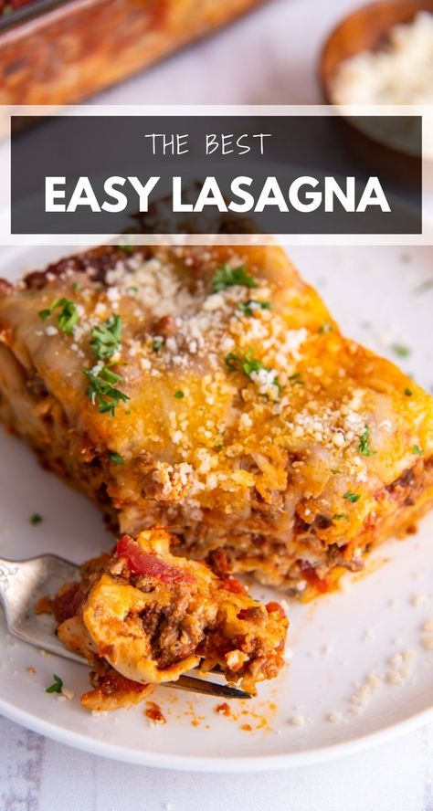 Easy Lasagna is meaty, cheesy, and incredibly simple to prepare. Made with no-boil noodles and an easy meat sauce, this classic dish cooks in less than an hour and is the best comfort food! #lasagna #easylasagna #lasagnarecipe #noboilnoodles #comfortfood #dinner Easy Meat Sauce, Food Lasagna, Vegetarian Lasagna Recipe, Italian Stallion, Lasagna Recipes, Stuffed Pasta, Easy Lasagna Recipe, Pasta Noodle Recipe, Chicago Food