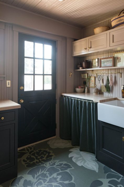 Cottage Core Laundry Room, Studio Laloc, Closet Doors Painted, Remote Design, Floor Pattern Design, Seattle Interior Design, Painted Closet, Floral Mural, Seattle Homes