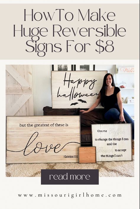 Homemade huge DIY wood signs with the creator in the picture. Diy Wood Signs Cricut, Wood Wall Signs Diy, How To Make Large Wood Signs, Signs To Paint On Wood, Diy Changeable Wood Sign, Reversible Signs Diy, Trending Wood Signs 2023, How To Make Signs On Wood, Diy House Signs Indoor