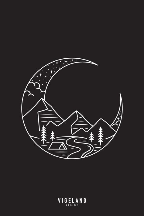 Moon And Mountains, Trend Tops, Mountain Tattoo, Line Art Design, Wood Burning Art, Soft Sweater, Moon Design, Black Paper, Embroidery Inspiration