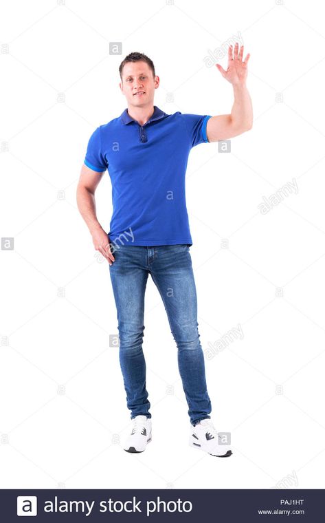 Download this stock image: Young casual adult man in blue polo shirt waving hand and welcoming looking at camera. Full body isolated on white background. - PAJ1HT from Alamy's library of millions of high resolution stock photos, illustrations and vectors. Hand Waving Pose Reference, Waving Hand Reference, Man Waving Hand, Hands Reference, Waving Hand, Blue Polo Shirt, Pose References, Blue Polo Shirts, Man Standing