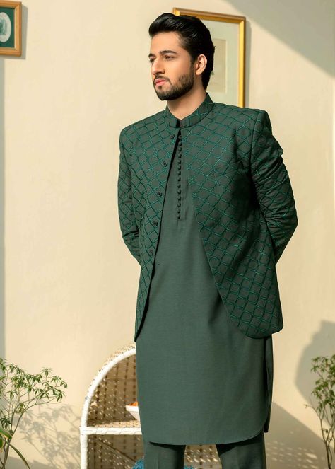 Include: Kurta Prince Coat Trouser Fabric: Slub Color: Green Work Technique: Embroidered Description: embroidery Prince coat + kurta + trouser This is a 3 Piece stitched outfit. Disclaimer: The color of the outfit may vary due to lightening effect of photography Mehndi Dresses For Men, Kurta For Engagement For Men, Groom Green Outfit, Prince Coat Design For Men, Groom Mehndi Outfit For Men, Mehndi Dress For Boys, Trending Kurta For Men, Green Prince Coat, Mehndi Dress For Mens