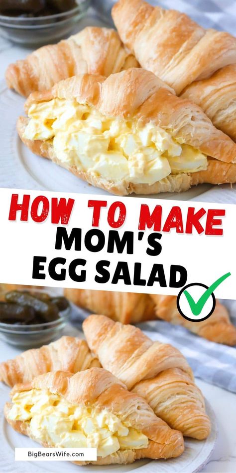 Homemade egg salad made with hard boiled eggs, mayo, mustard, salt and pickle juice! Perfect when served on toast or stuffed into croissants. This is Mom's Egg Salad recipe and we hope you'll love it! via @bigbearswife Egg Salad Recipe Easy, Best Egg Salad Recipe, Egg Salad Sandwiches, Avocado Egg Salad, Egg Salad Recipe, Comfort Food Southern, Simple Sandwiches, Sweet Pickles, Pickle Juice