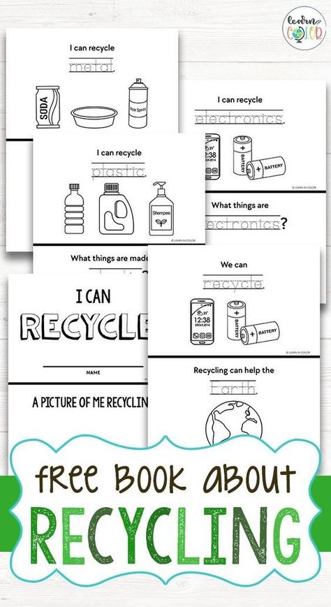 free recycling book Recycling Printables Free, Recycle Theme Preschool, Dinosaur Science Activities, Recycle Coloring Pages, Classroom Recycling, Recycling Coloring Pages, April Worksheets, Projects For Middle Schoolers, Stem Activities For Toddlers