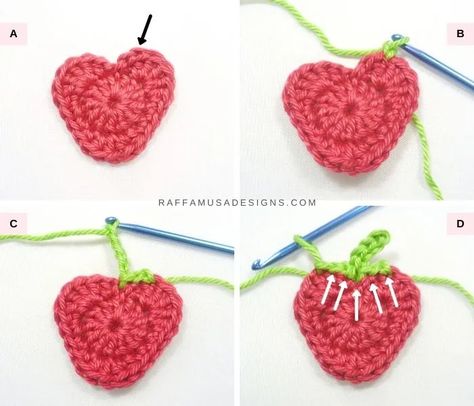 Crochet Strawberry Applique – Free Pattern • RaffamusaDesigns Strawberry Motif Crochet, Crochet Apliques Strawberry, Crochet Hair Clips Pattern Free, Crochet Strawberry Patch, Crochet Flat Strawberry, Crochet Strawberry Applique Pattern Free, Strawberry Applique Crochet, Crochet Yarn Types, Strawberry Applique Pattern