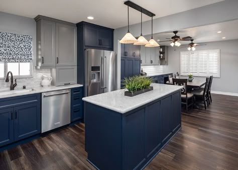 Kitchen Flooring Ideas With Navy Cabinets, Navy Blue Kitchen Cabinets Grey Walls, Blue Color Kitchen Cabinets, Kitchen Remodel Navy Cabinets, Navy Gray Kitchen, Navy White And Grey Kitchen, Blue And Silver Kitchen Ideas, Grey And Blue Cabinets Kitchen, Gray And Navy Kitchen Cabinets