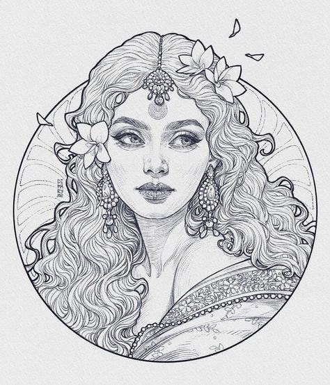 Lady With Flowers Drawing, Lady Face Drawing, Mary Dimary, Maria Dimova, Woman Face Drawing, Women Sketch, Face Art Drawing, Line Art Portrait, Art Deco Tattoo