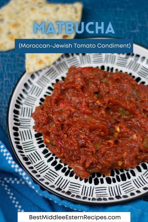 Click here for our delicious matbucha recipe, a slow cooked tomato condiment from the Moroccan Jewish community. 😋😋 Matbucha (Moroccan-Jewish Tomato Condiment) Moroccan Tomato Sauce, Traditional Moroccan Dishes, Jewish Cucumber Salad, Matbucha Recipe, Morrocan Soup Recipes, Moroccan Salads Traditional, Moroccan Dishes, Eastern Cuisine, Moroccan Food