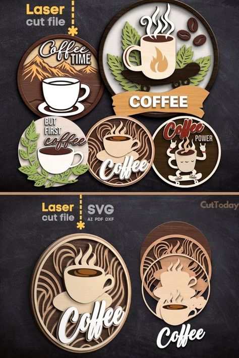 Laser cut files templates Laser Cut Wood Projects, Coffee Ornaments, Diy Laser Engraver, Laser Cut Decor, Laser Cut Wood Crafts, Coffee Wall Decor, Laser Engraved Ideas, Laser Art, Coffee Svg