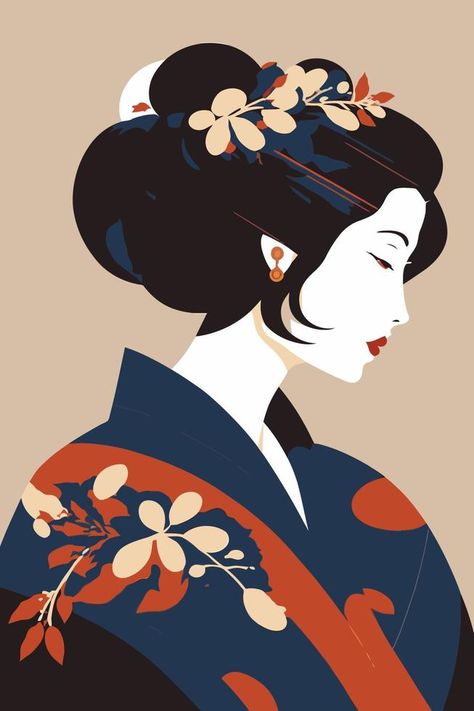 Japanese Woman Illustration, Art Nouveau Graphic Design, Portrait Japanese, Geisha Illustration, Book Illustration Layout, Peter Rabbit And Friends, Japanese Pop Art, Kimono Japan, Zen Doodle Art