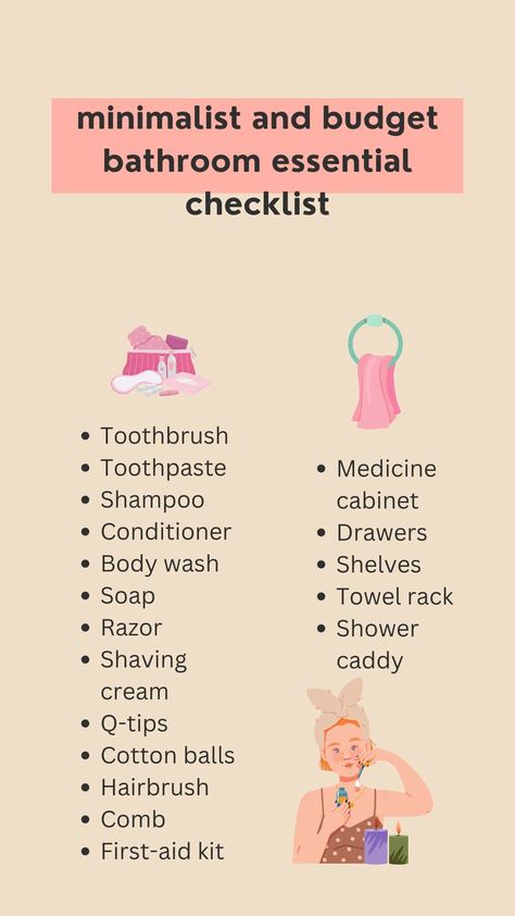 Bathroom Essentials Checklist, Bathroom Designs 2023, Bathroom Checklist, First Home Checklist, New Home Essentials, Essentials Checklist, New Home Checklist, First Apartment Checklist, Apartment Checklist