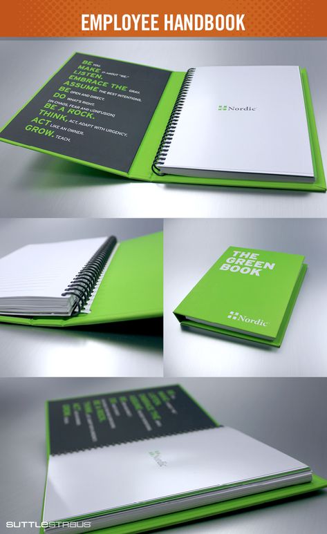 Nordic does employee onboarding right with The Green Book. The hard case's inside cover reminds team members of the company values with each use. The sprial-bound lined notebook inserts are replaceable so it can be used for a lifetime. See more employee onboarding ideas here. Corporate Notebooks, The Green Book, Diary Cover Design, Notebook Mockup, Agenda Book, Promo Flyer, Diary Design, Creative Notebooks, Employee Onboarding