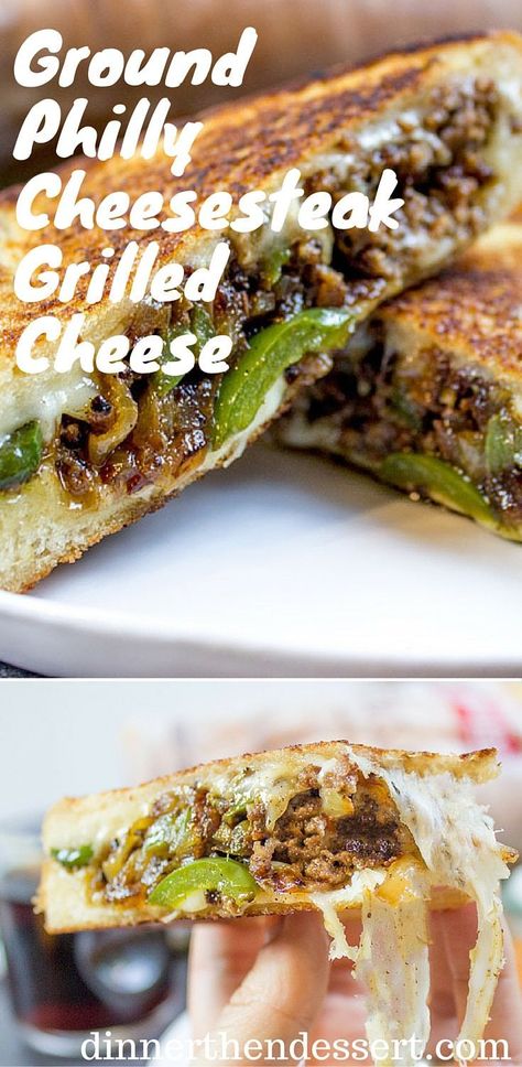 Ground Philly Cheesesteak Grilled Cheese made with bell peppers, onions and American or Provolone Cheese. All the flavor of a cheese steak for half the price. Cheese All, Fantastic Recipes, Deli Sandwiches, Diner Recept, Cheese Steak, Philly Cheese, Supper Ideas, Grilled Cheese Recipes, Philly Cheesesteak