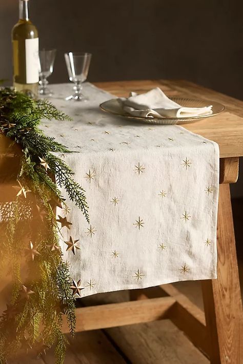 Kitchen Linens, Table Runners & Aprons | Anthropologie Christmas Tablecloth Ideas, Linen Runner, Embroidered Table Runner, Christmas Linen, Holiday Tablescapes, Star Embroidery, Christmas Table Cloth, Christmas Tablescapes, Embroidered Linen