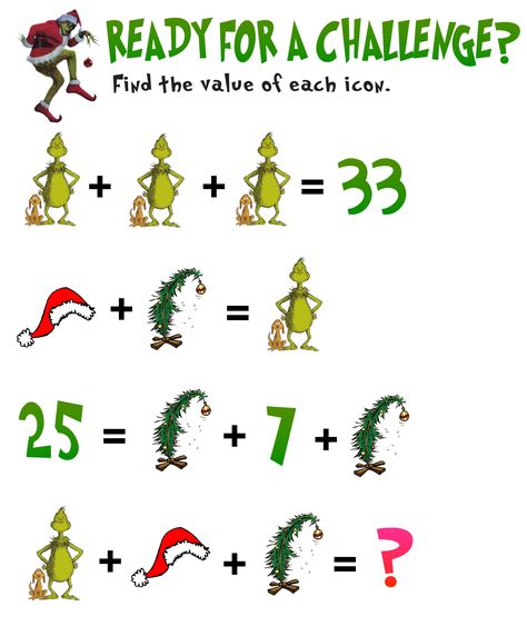 Grinch Math Activities, Grinch Math, Christmas Math Games, Simultaneous Equations, Christmas Math Worksheets, Christmas Math Activities, Math Enrichment, Holiday Math, Math Riddles