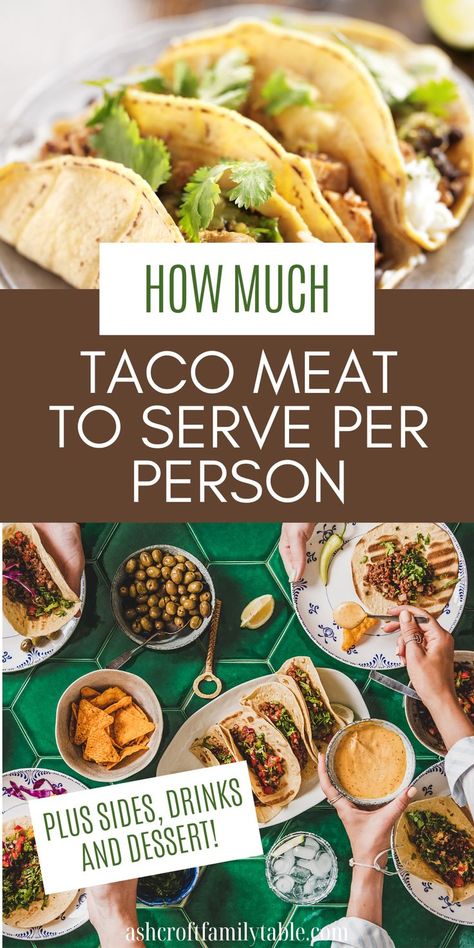 Pinterest graphic with text and image collage of tacos and a taco party. Tacos For Meal Train, How Much Taco Meat For 50, Make Ahead Tacos For A Crowd, Taco Kit Ideas, How Much Taco Meat For 25 People, Street Tacos For A Crowd Parties, Taco Meat For 100 People, Taco Bar For 50 People, Taco Buffet Wedding