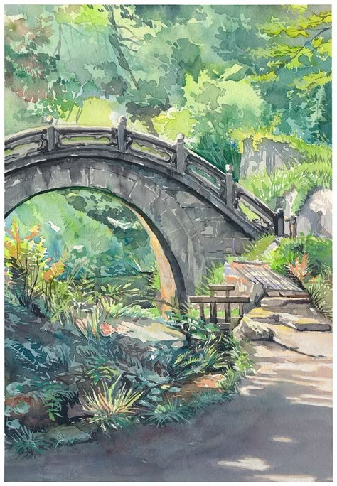 Mateusz Urbanowicz, Korakuen Garden, Moon Bridge, Air Painting, Canvas Painting Ideas, Ghibli Art, Arte Inspo, Landscape Drawings, Plein Air Paintings