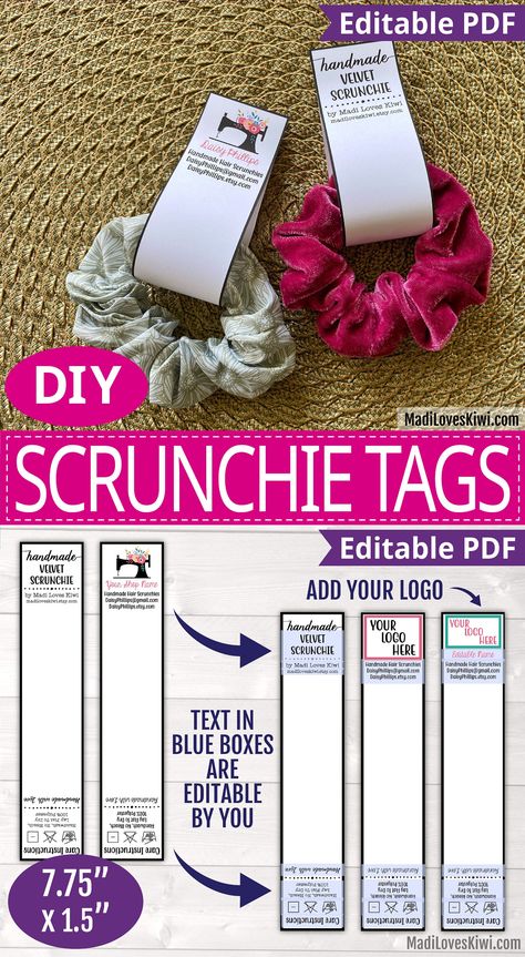 Give your handmade scrunchies a professional look with these editable care tags | madiloveskiwi.com | editable scrunchie tags for makers, personalized scrunchie care instruction label, printable neck gaiter label, editable care tags for handmade business #makerbiz Scrunchie Tag Template Free, Scrunchies Logo, Scrunchies Making, Scrunchie Tags, Scrunchie Business, Tag Template Free, Creative Tote Bag, How To Make Scrunchies, Label Printable