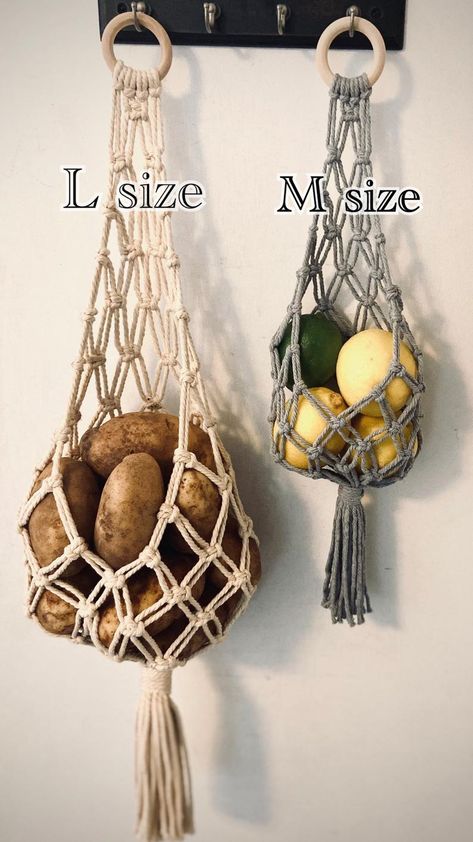 Macrame hanging basket /Macrame Vegetable bag / Macrame Fruit | Etsy Macrame Storage, Fruit Basket Kitchen, Macrame Hanging Basket, Plant Holder Macrame, Bag Macrame, Kitchen Wall Storage, Vegetable Bag, Fruit Bag, Macrame Plant Holder