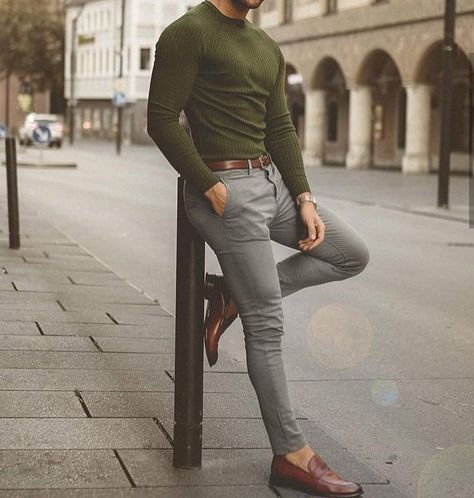 25 Best January Outfits for Men 2019 - New Ideas Gray And Green Mens Outfit, Gray Dress Pants Men, Semi Formal Men Outfit Grey Pants, Olive Sweater Outfit, Olive Green Sweater Outfit, Green Sweater Outfit, Grey Pants Outfit, Grey Pants Men, Sweater Outfits Men