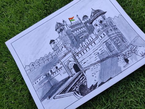 Red Fort Drawing, Fort Drawing, Place Sketch, Red Fort, Artwork Ideas, Drawing Pen, Historical Place, Pen Drawing, Independence Day