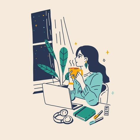 Adrianne Walujo, Late Night Work, Night Work, Illustration Art Girl, Girly Art Illustrations, Night Owl, Illustration Style, Amazing Art Painting, Animation Design