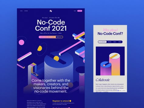 No-Code Conf 2021 - Website by Corey Moen for Webflow on Dribbble Conference Landing Page, Coding Graphic Design, Code Graphic Design, Event Page Design, Coding Poster, Conference Poster Design, Event Design Branding, Conference Banner, Best Landing Page Design