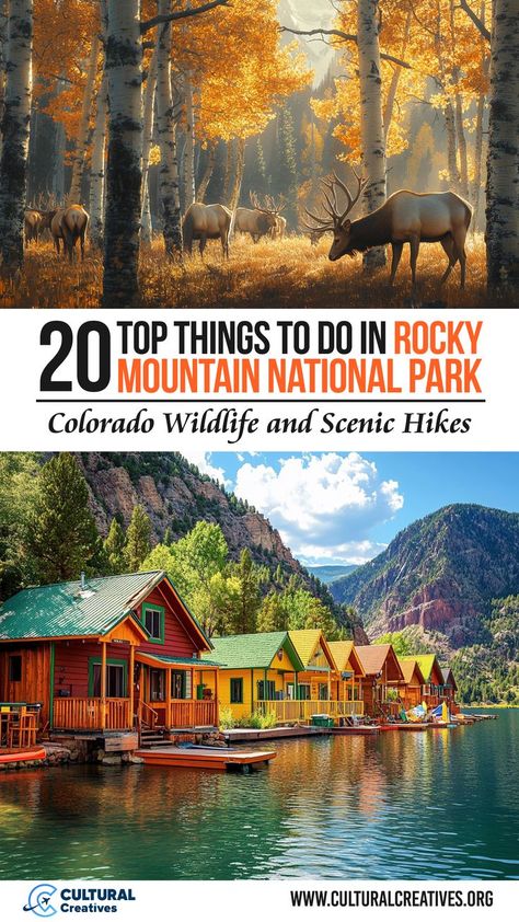 20 Top Things to Do in Rocky Mountain National Park, featuring a serene autumn scene with elk among golden aspen trees and colorful lakeside cabins surrounded by rugged mountain landscapes. Rocky Mountains National Park, Rocky Mountain National Park With Kids, Trail Ridge Road Colorado, Park Activities, Colorado National Parks, Rocky Mountains Colorado, National Park Itinerary, National Parks America, Van Travel