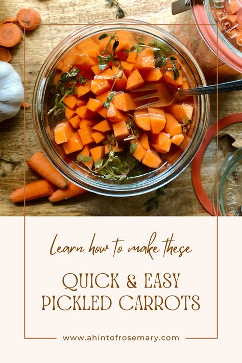 These healthy gems are delicious right from the jar. Store your Quick & Easy Pickled Carrots in the refrigerator for up to 4 weeks. A Hint of Rosemary #appetizers #snacks #vegetarian #glutenfree #lowcarb #ahintofrosemary Pickled Carrots Recipe, Snacks Vegetarian, Pickled Carrots, Refrigerator Pickles, Pickled Veggies, Snack Treat, Carrot Recipes, Foods Delivered, Pickling Recipes