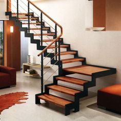 Quarter-turn staircase / wooden frame / metal frame / wooden steps L50 Hangzhou Mansion Material Scale Loft, Small Space Staircase, Wood Railings For Stairs, درج السلم, Stairs Storage, Stair Design, Building Stairs, Stair Railing Design, Steel Stairs