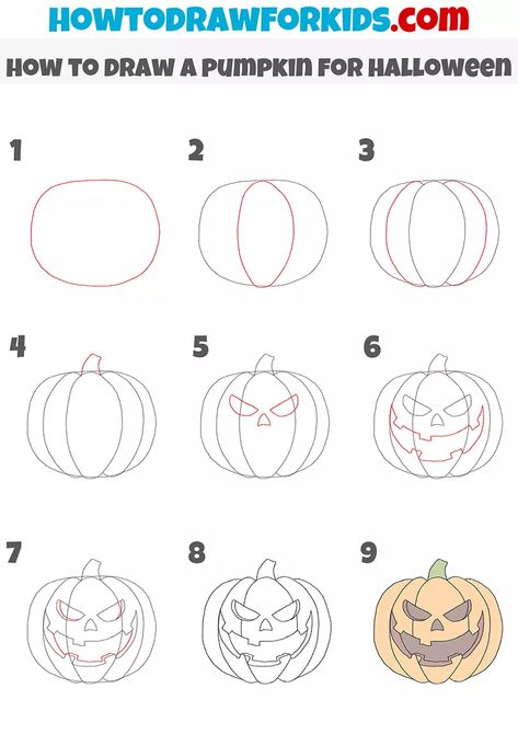 How to Draw a Pumpkin for Halloween - Drawing Tutorial For Kids Easy Halloween Drawings Pumpkin, How To Draw A Pumpkin, Draw A Pumpkin, Procreate Practice, Easy Halloween Drawings, Draw Halloween, Face Step By Step, Pumpkin Sketch, Draw Book