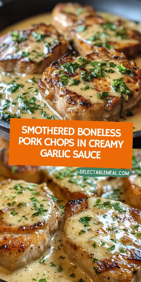 Treat yourself to a culinary delight with these delectable Smothered Boneless Pork Chops bathed in a luscious Creamy Garlic Sauce. Perfect for a cozy night in or special occasion. #PorkChopRecipes #GarlicLovers #FamilyDinnerIdeas #FoodieFav #PinterestFoodies Cooking Boneless Pork Chops, Cooktop Cove, Boneless Pork Chop Recipes, Pork Meals, Easy Pork Chop Recipes, Pork Chop Recipes Baked, Dinner Recipes Ideas, Pork Recipes Easy, Smothered Pork Chops