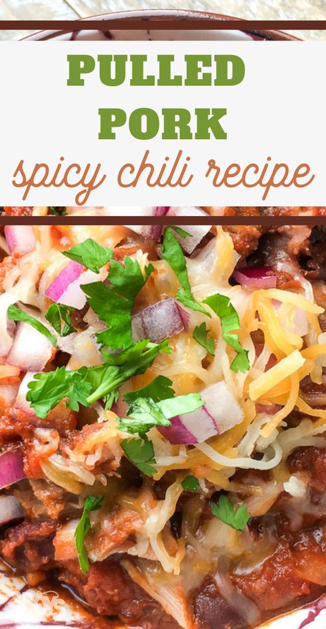 crockpot spicy pork chili recipe Chili Recipe Spicy, Slow Cooker Spicy Chili, Easy Chili Recipes, Pulled Pork Chili Recipe, Pork Chili Recipe, Chili Contest, Pulled Pork Chili, Spicy Pulled Pork, Spicy Chili Recipe