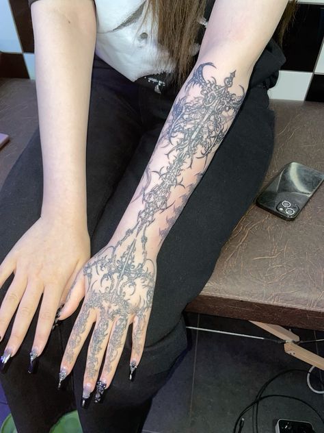 Dragon Cybersigilism Tattoo, Gothic Cybersigilism Tattoo, Gothic Arm Tattoos For Women, Floral Cybersigilism Tattoo, Cybersigilism Sleeve, Cybersigilism Arm Tattoo, Cybersyglism Tattoo, Cybersigilism Tattoo Arm, Cybercore Tattoo