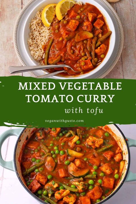 Mixed Vegetable Tomato Curry with Tofu Recipe Curry With Tofu, Vegetable Curry Recipes, Vegan Curry Recipes, Tofu Curry, Vegan Indian Recipes, Tofu Recipes Vegan, Tomato Curry, Tofu Recipe, Creamy Tomato Sauce