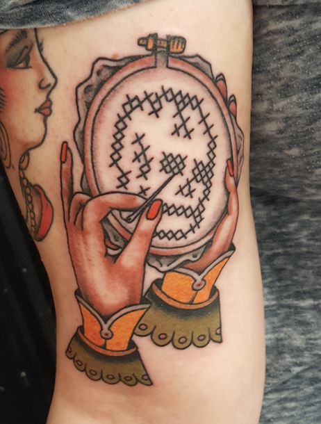 New cross stitch tattoo. Done by Dustin Barnhart at Berlin Tattoo in Kitchener ON. Arts And Crafts Tattoo Ideas, Cross Stitch Tattoo Ideas, Cross Stitch Tattoos, Traditional Feminist Tattoo, Tape Measure Tattoo, Tattoo Cross Stitch Pattern, Classic Literature Tattoos, Crafting Tattoo, Craft Tattoo Ideas