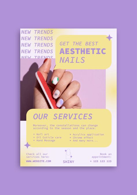 Aesthetic Shiny Nail Salon Flyer Nails Flyer Design, Aesthetic Flyer Design, Tech Flyer Design, Lashes Branding, Nail Salon Flyer, Nail Salon Branding, Nail Tech Flyer, Workshop Flyer, Beauty Flyer