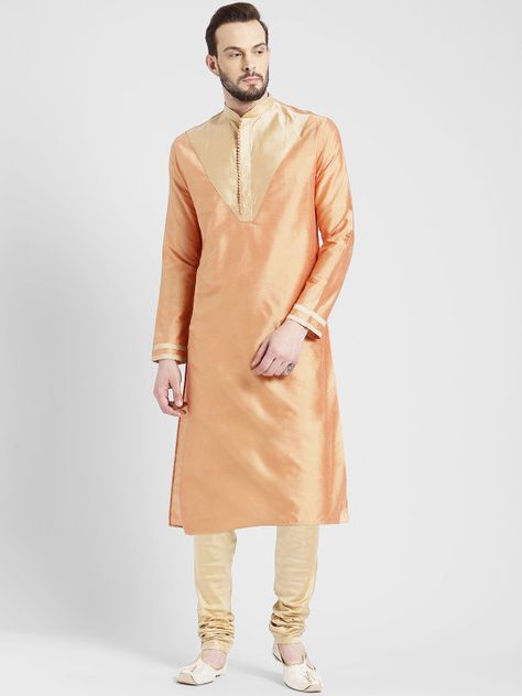 KISAH Men Peach-Coloured & Beige Colourblocked Straight Kurta - | 1429 Sherwani For Men, Kurta Pajama, Straight Kurta, Trendy Clothes, Clothing Brands, Fashion Website, 1 Place, Clothes And Accessories, Ethnic Wear