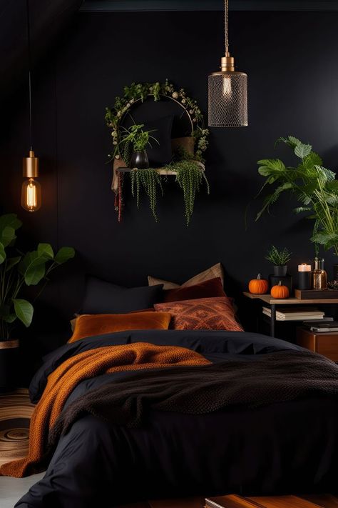 Embrace the Mystique: Dark Boho Bedroom Ideas Moody Plant Bedroom, Witchy Homes, Dark Boho Bedroom, Dark Cozy Bedroom, Repurpose Projects, Dark Boho, Boho Bedroom Design, Moody Bedroom, Dark Bedroom