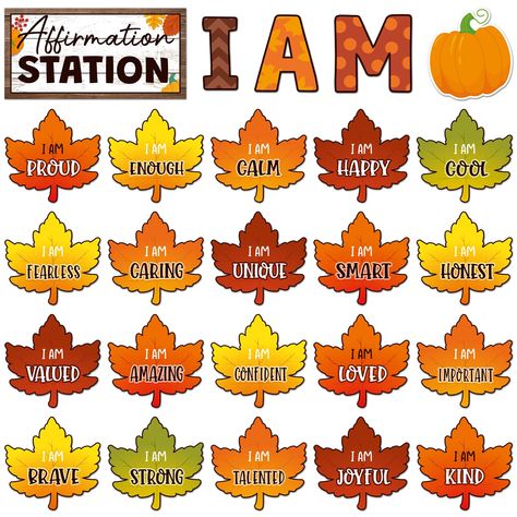 PRICES MAY VARY. Package Include: you will get 25 pattern and 60 glue points, easy using, sufficient quantity, It is the attractive companion for classroom bulletin board and mirror decor, so that students can be more confident and active Fall Leaces Design: These autumn classroom affirmation station bulletin boards are decorated with fall maple leaf and pumpkin designs to immerse students in the warmth and joy of fall so that teachers can better decorate their classrooms. These affirmation stat Fall Bulletin Board Ideas For School, Classroom Mirror, Christmas Bulletin Board Decorations, Fall Classroom Decorations Ideas, Elementary School Bulletin Boards, Classroom Motivational Posters, November Classroom, Teacher Wall, Growth Mindset Bulletin Board