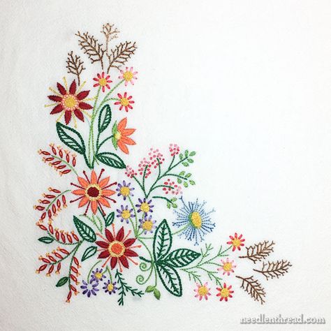 A Friday Finish – or Two! Embroidered Floral Corners – NeedlenThread.com Embroidery Transfers, Hand Embroidery Projects, Embroidery Patterns Vintage, Japanese Embroidery, Embroidery Patterns Free, My Niece, 자수 디자인, Hand Embroidery Design Patterns, Hand Embroidery Stitches