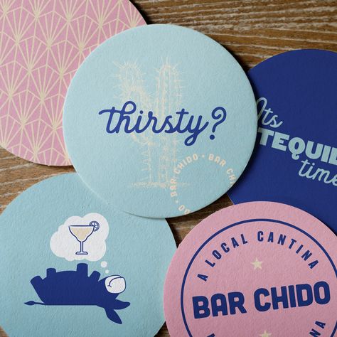 Bar Chido restaurant branding by EightySeven - Grits & Grids Modern Mexican Restaurant, Cartoon Donkey, Mexican Restaurant Design, Branded Coasters, Modern Mexican, Bar Coasters, Restaurant Concept, Visual Identity Design, Restaurant Branding